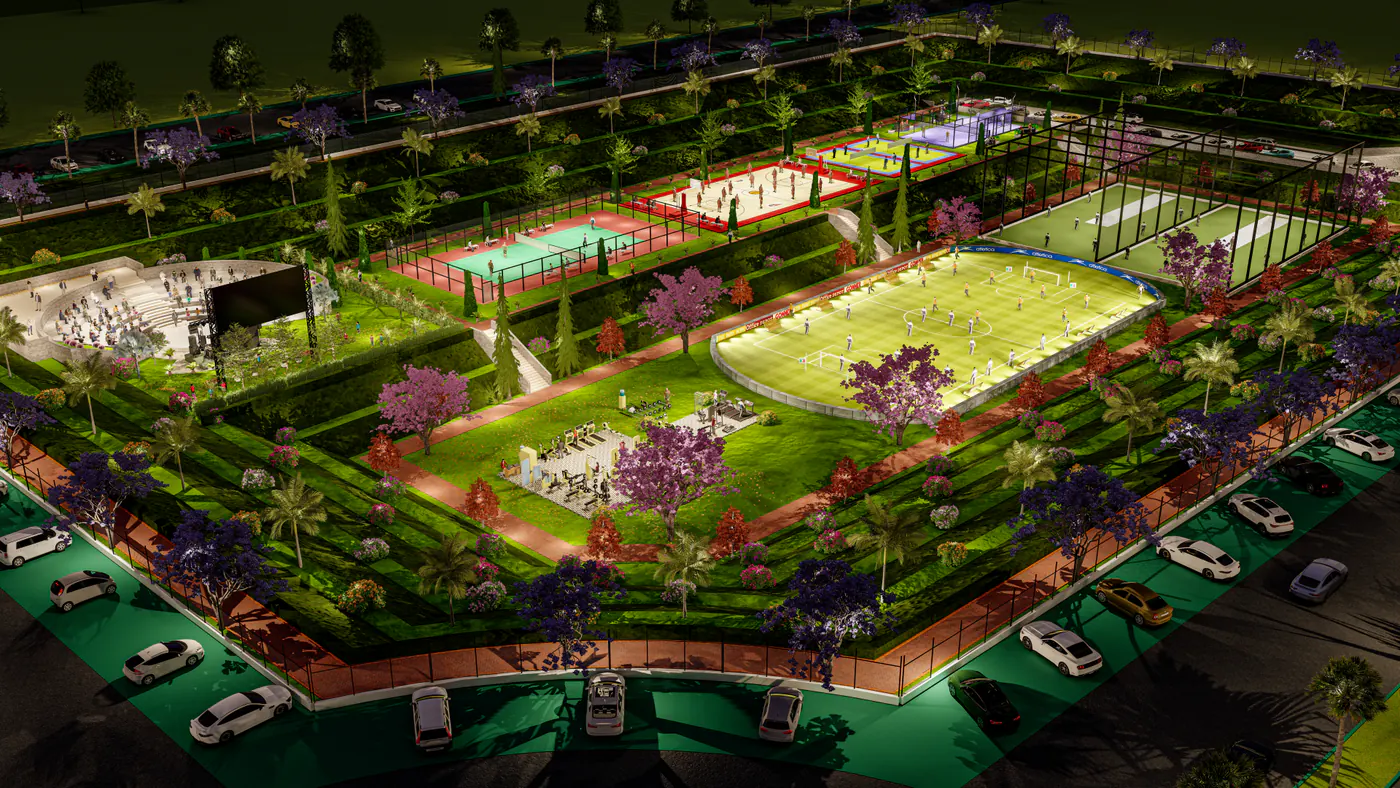 Sports complex night view render by Janan Manzil